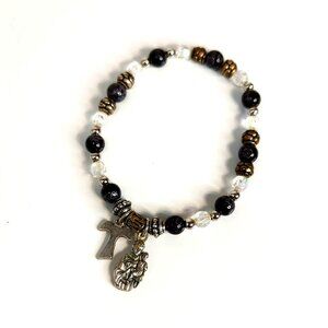 St. Anthony Tau Cross Charm Stretch Bracelet Black Clear Crystals Metal Beads